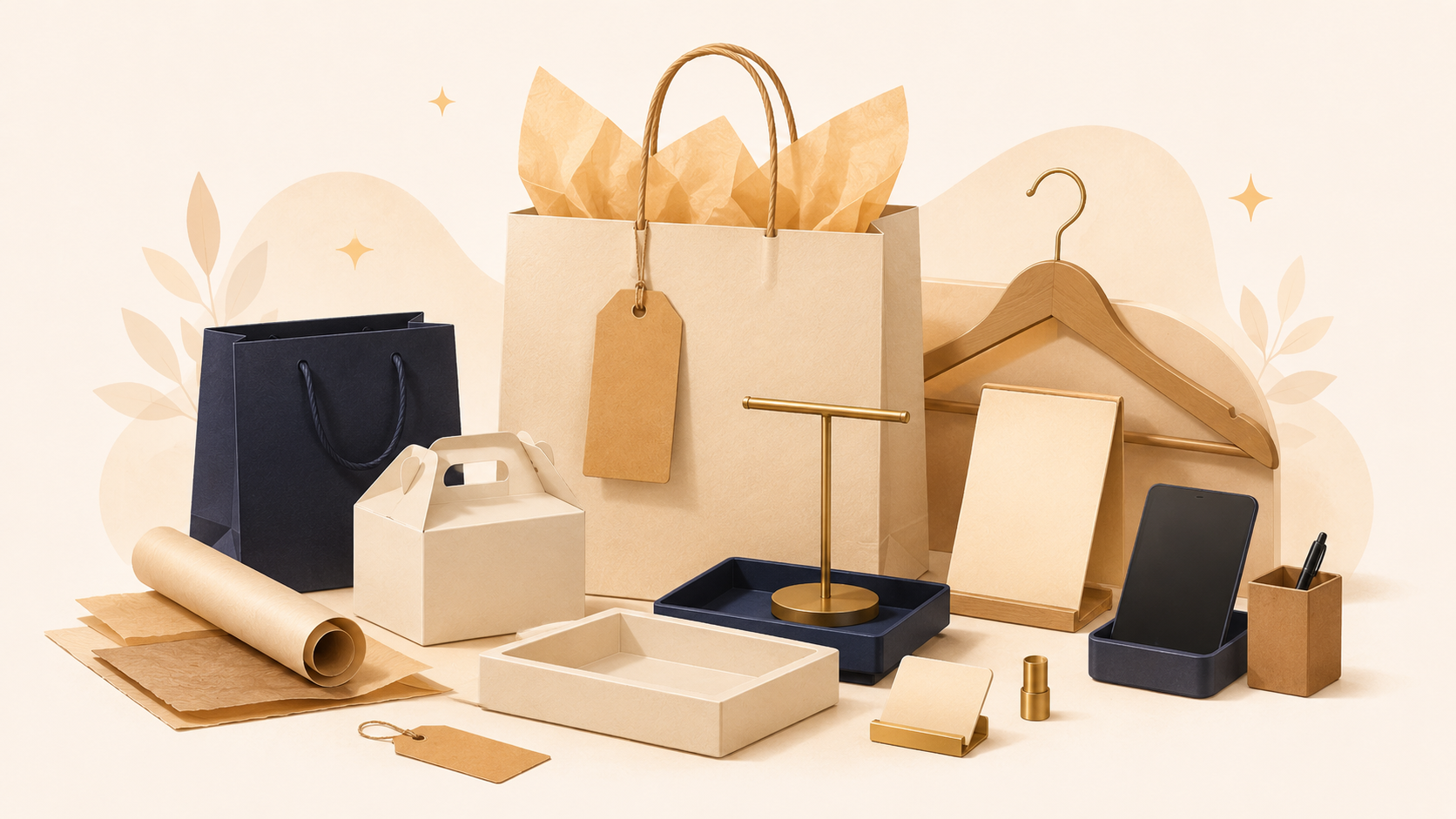 Illustration d’accessoires retail, présentoirs, cintres, sacs boutique et PLV