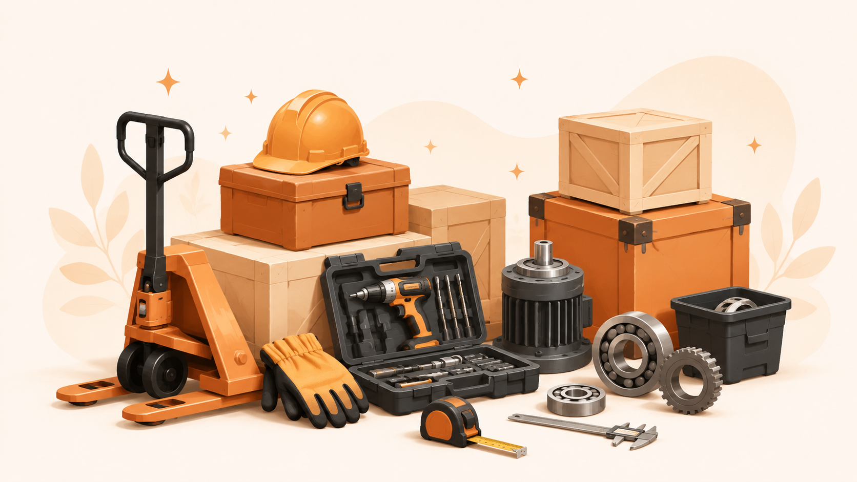Illustration d’équipements industriels, outils d’atelier et matériel de manutention pour sourcing en Asie