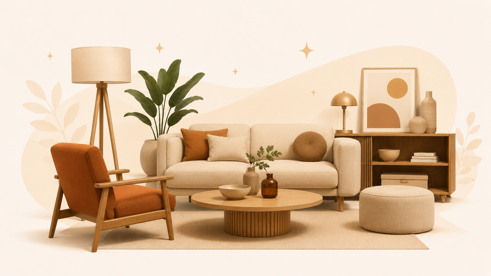 Illustration de mobilier professionnel, chaises, tables et aménagement retail