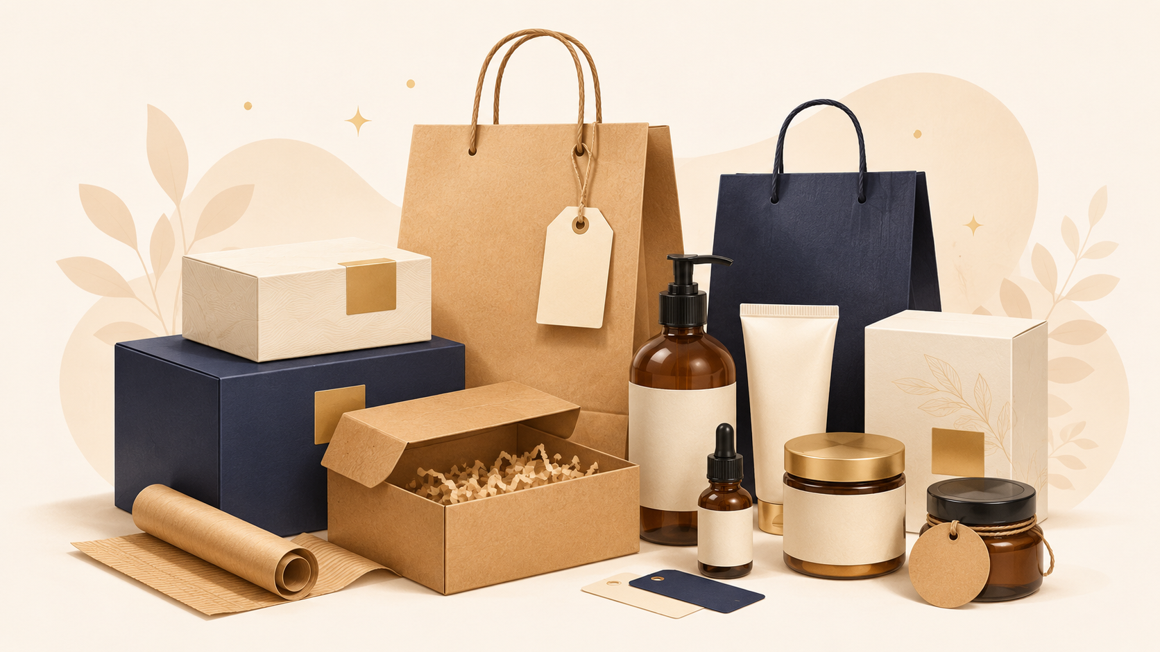Illustration de packaging personnalisé, boîtes carton, flacons et étiquettes